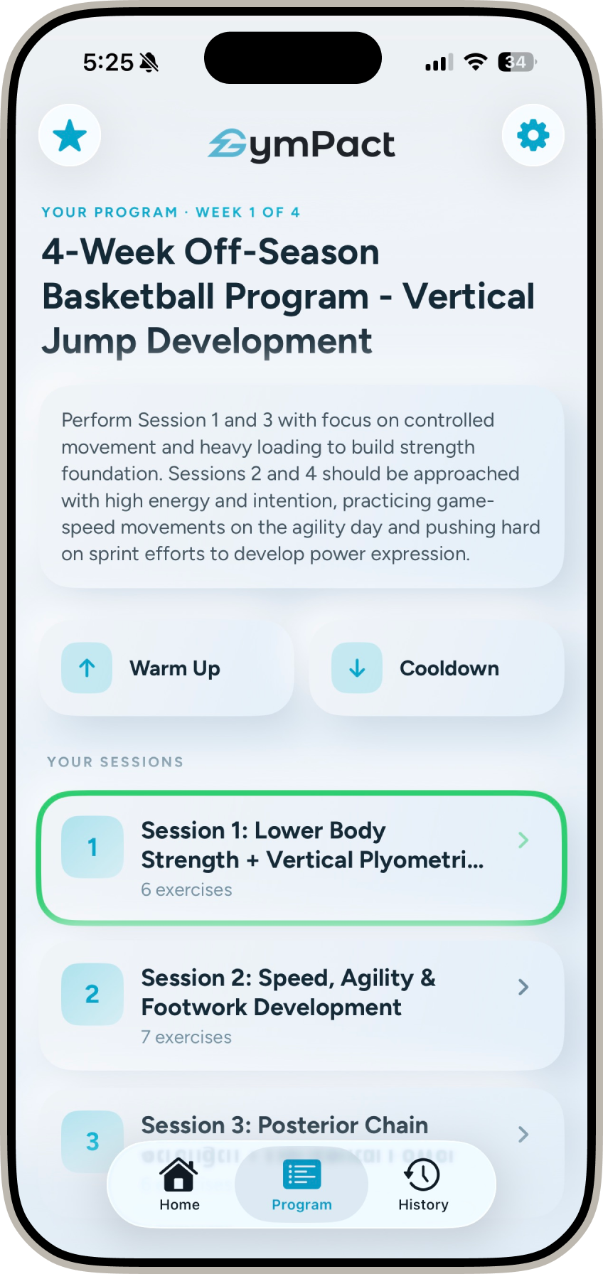 GymPact program screen showing a four-week off-season basketball program for vertical jump development, broken into training sessions