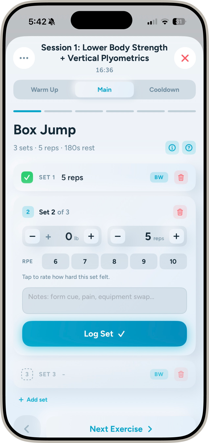 GymPact workout screen logging sets, reps, and RPE for a box jump exercise